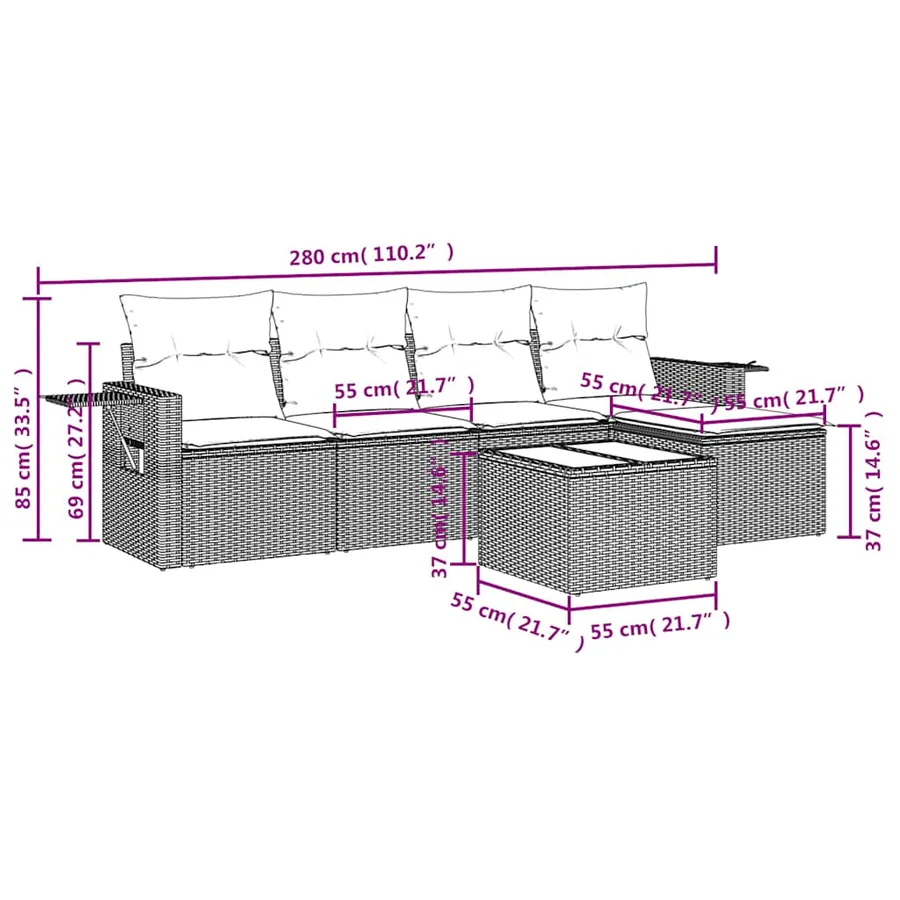 Salon de jardin 6 pcs avec coussins noir résine tressée - 9