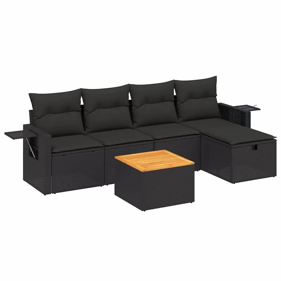 Salon de jardin 6 pcs avec coussins noir résine tressée - 2