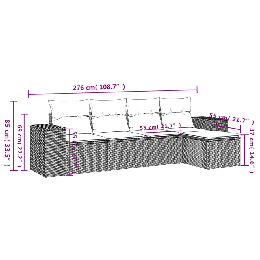 Salon de jardin 5 pcs avec coussins noir résine tressée - 7