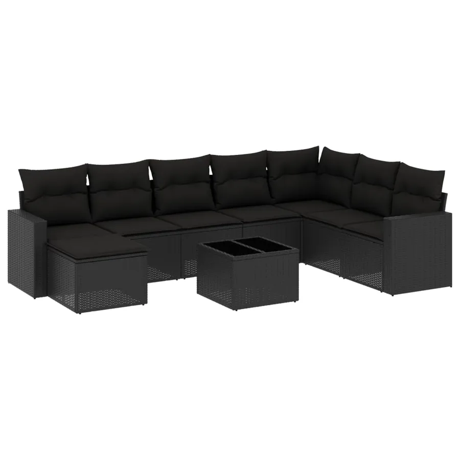 Salon de jardin 9 pcs avec coussins noir résine tressée - 2