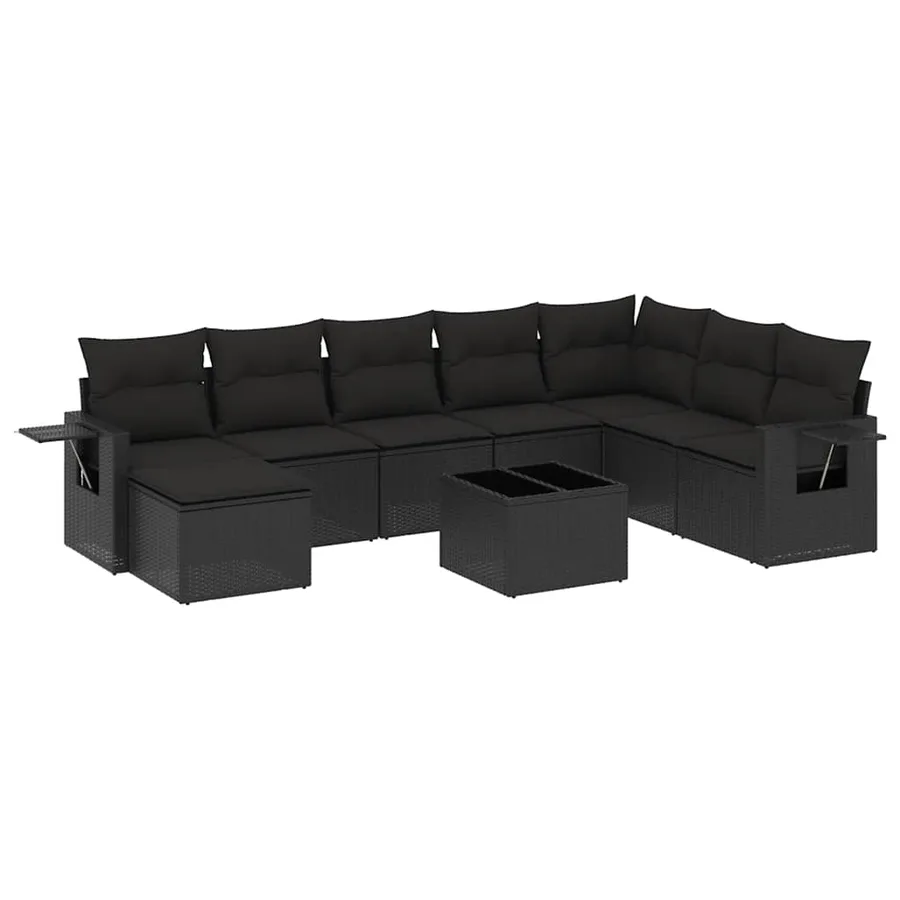 Salon de jardin 9 pcs avec coussins noir résine tressée - 2