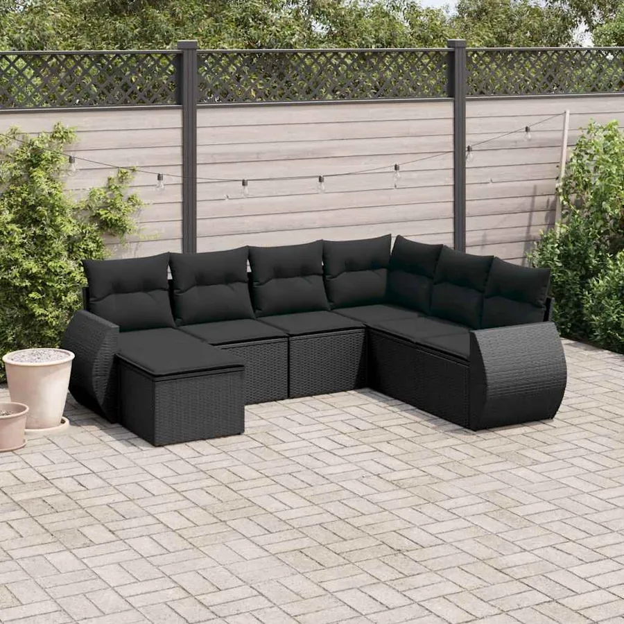 Salon de jardin 7 pcs avec coussins noir résine tressée 71 x 62 x 69 cm - 59,6 kg