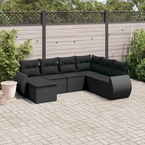 Salon de jardin 7 pcs avec coussins noir résine tressée 71 x 62 x 69 cm - 59,6 kg