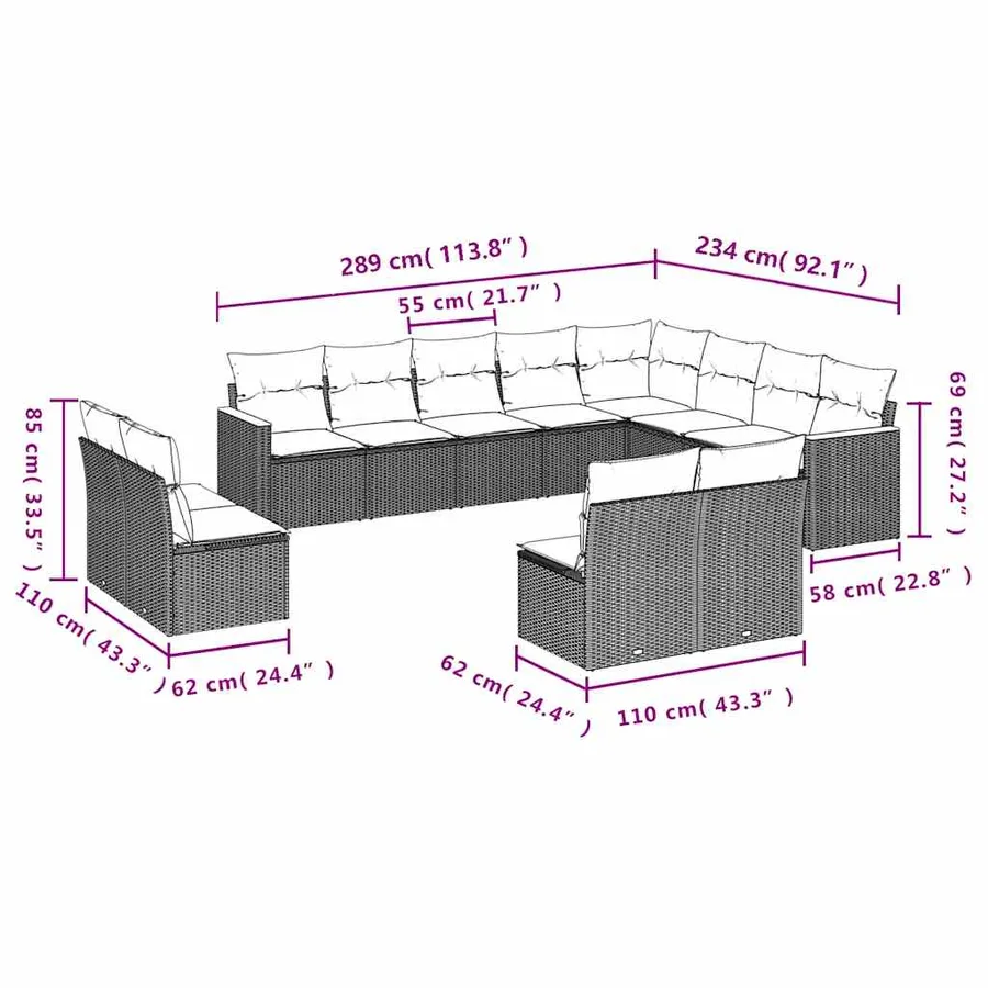 Salon de jardin 12 pcs avec coussins noir résine tressée - 3