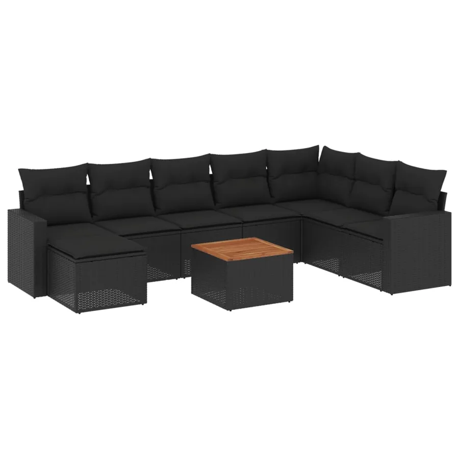 Salon de jardin 9 pcs avec coussins noir résine tressée - 2