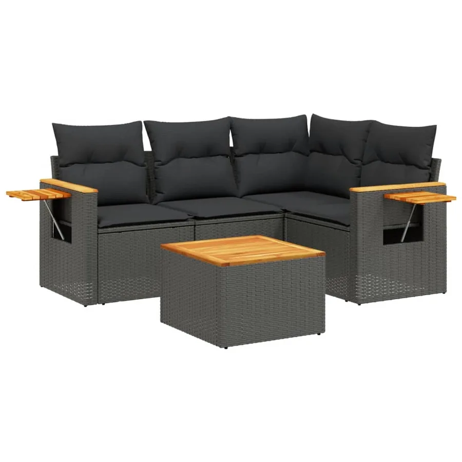 Salon de jardin 5 pcs avec coussins noir résine tressée - 2