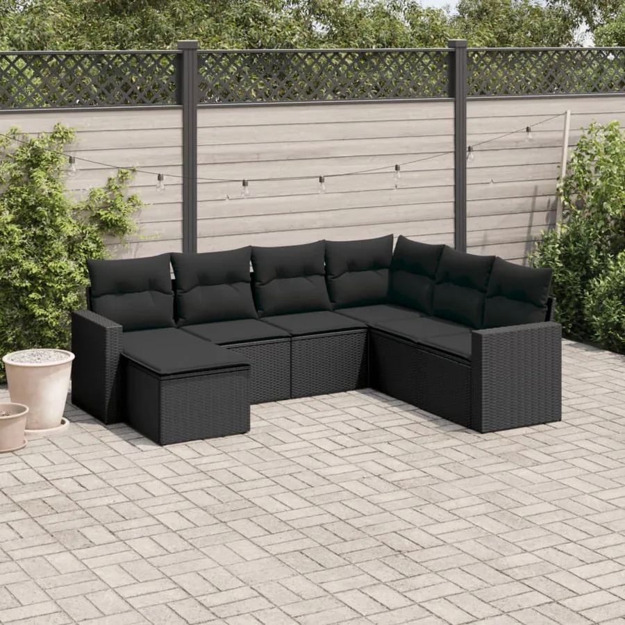 Salon de jardin 7 pcs avec coussins noir résine tressée 62 x 62 x 69 cm - 58,6 kg