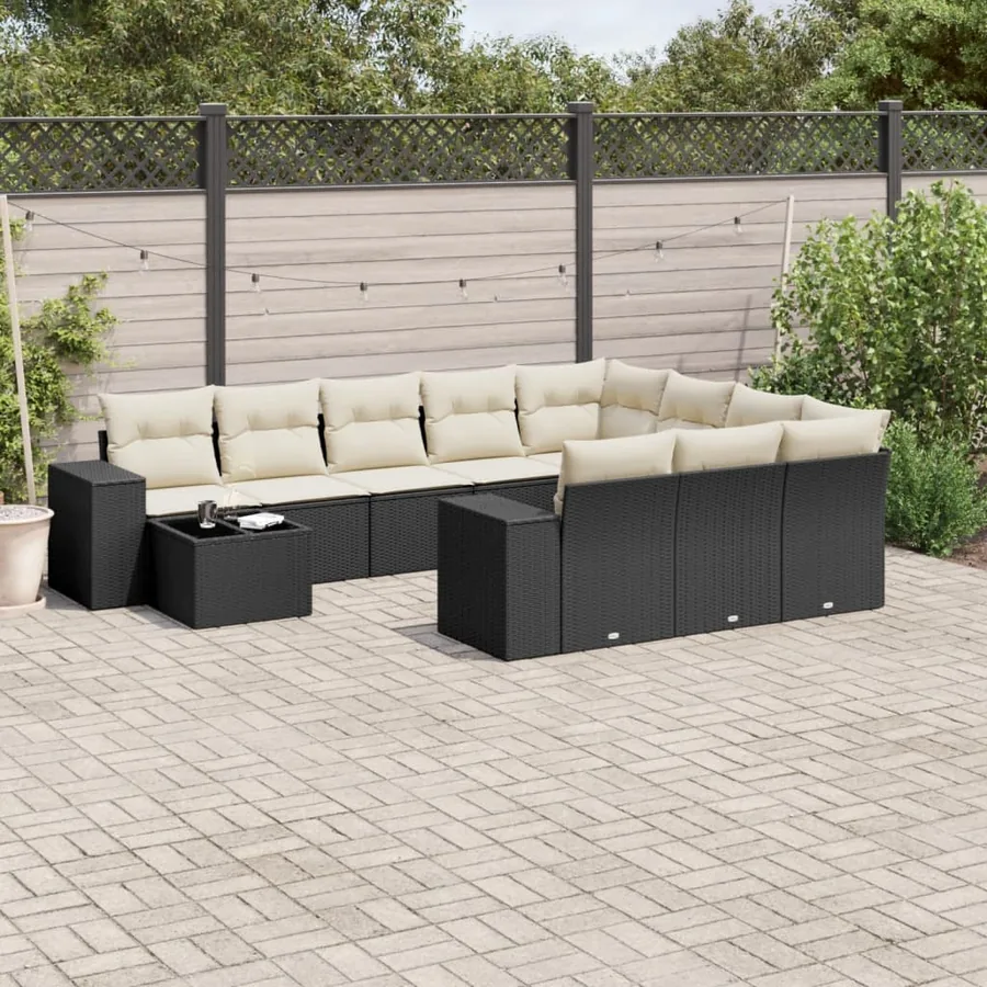 Salon de jardin 11 pcs avec coussins noir résine tressée