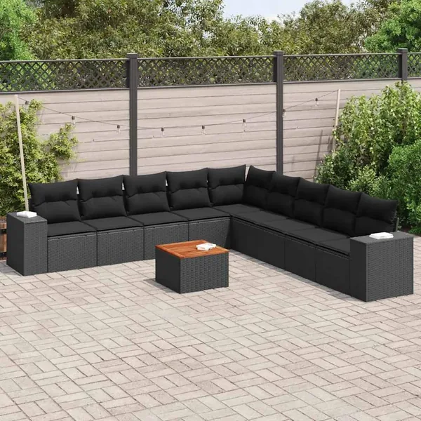 Salon de jardin 10 pcs avec coussins noir résine tressée