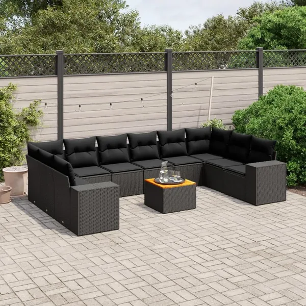 Salon de jardin 11 pcs avec coussins noir résine tressée