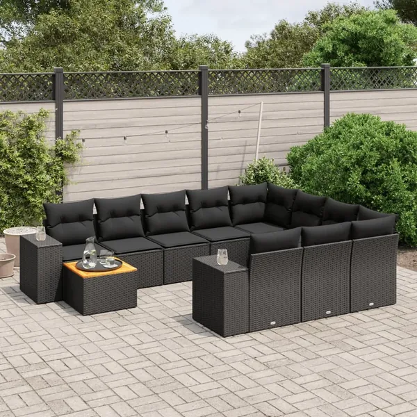 Salon de jardin 11 pcs avec coussins noir résine tressée