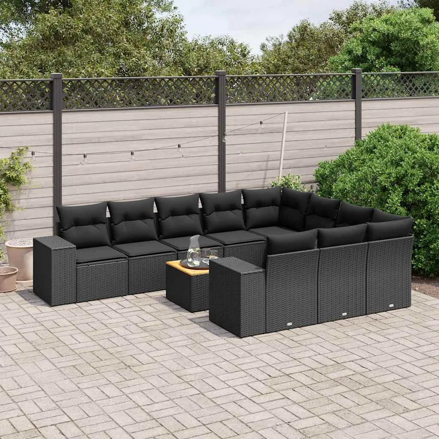 Salon de jardin 11 pcs avec coussins noir résine tressée