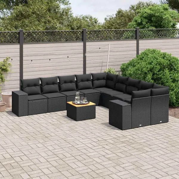 Salon de jardin 11 pcs avec coussins noir résine tressée
