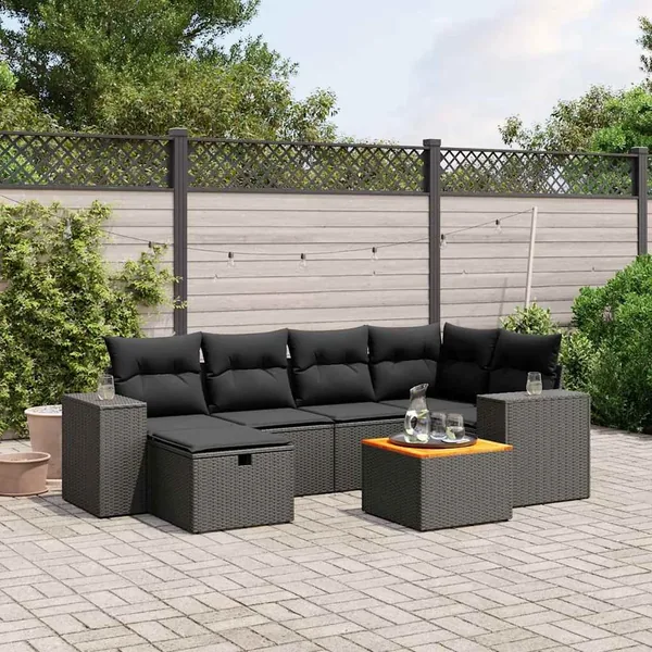 Salon de jardin 7 pcs avec coussins noir résine tressée 62 x 62 x 69 cm - 59,6 kg