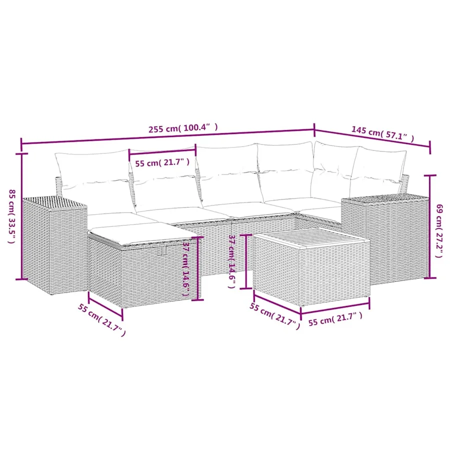 Salon de jardin 7 pcs avec coussins noir résine tressée 62 x 62 x 69 cm - 59,6 kg - 4