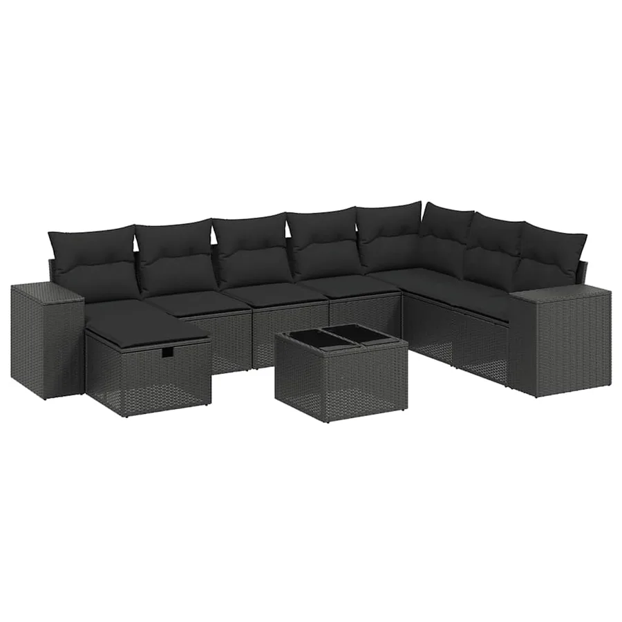 Salon de jardin 9 pcs avec coussins noir résine tressée - 2