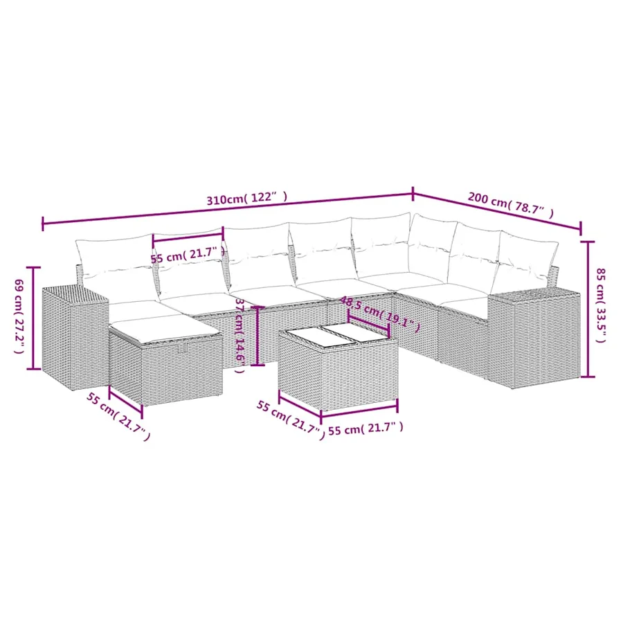 Salon de jardin 9 pcs avec coussins noir résine tressée - 4