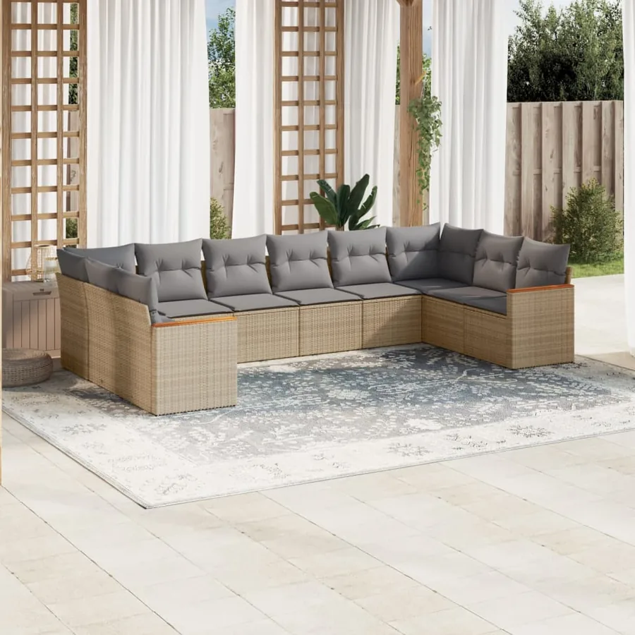 Salon de jardin et coussins 10 pcs mélange beige résine tressée