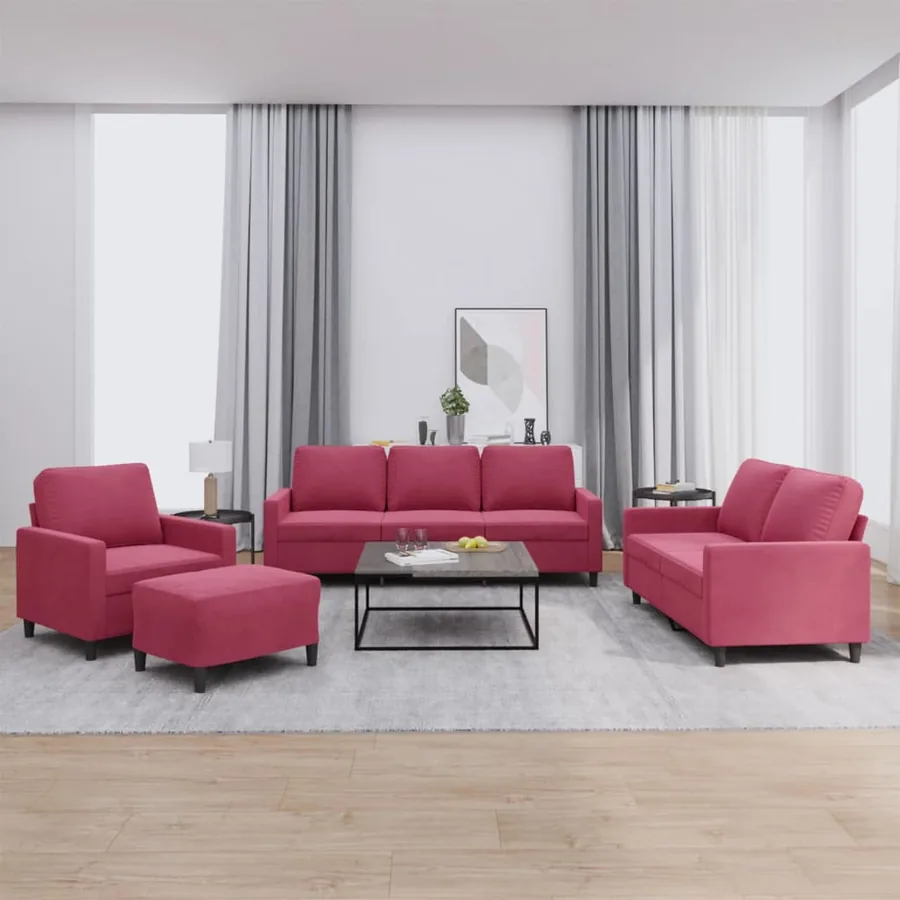 Ensemble de canapés 4 pcs avec coussins Rouge bordeaux Velours