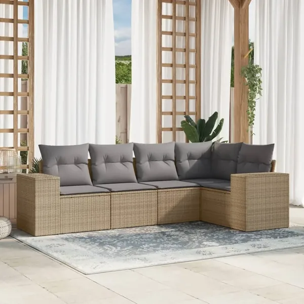 Salon de jardin avec coussins 5 pcs beige résine tressée