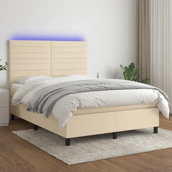 Sommier à lattes de lit et matelas et LED Crème 140x190cm Tissu