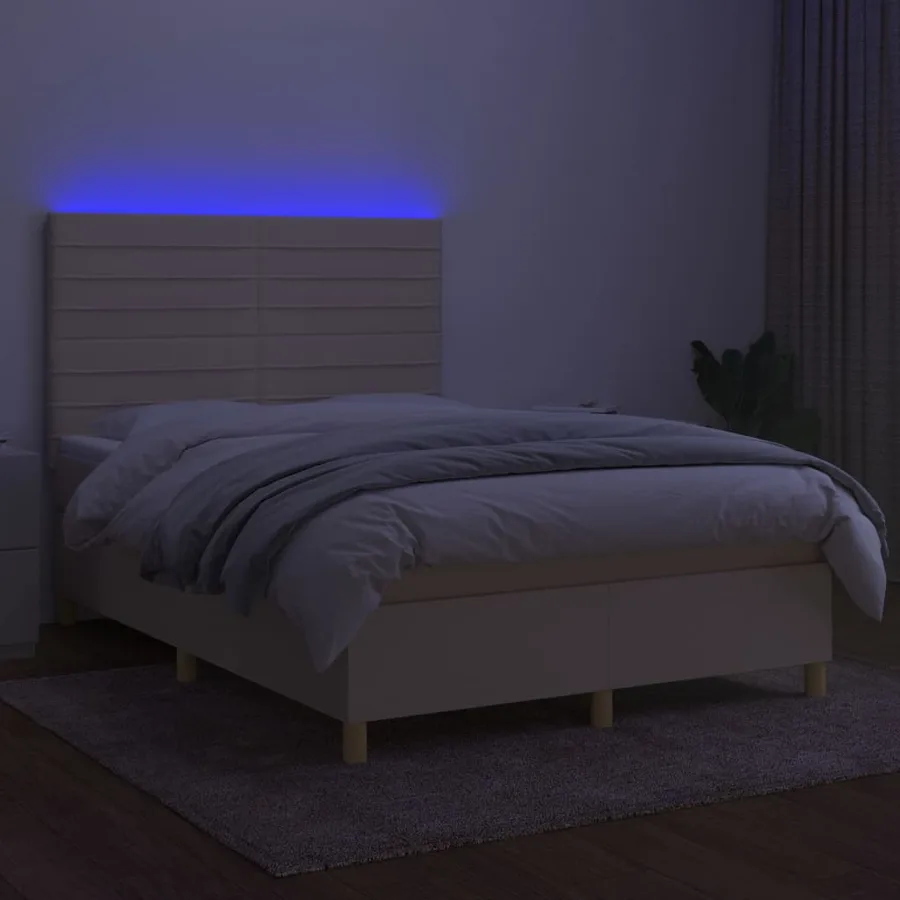 Sommier à lattes de lit et matelas et LED Crème 140x190cm Tissu - 4