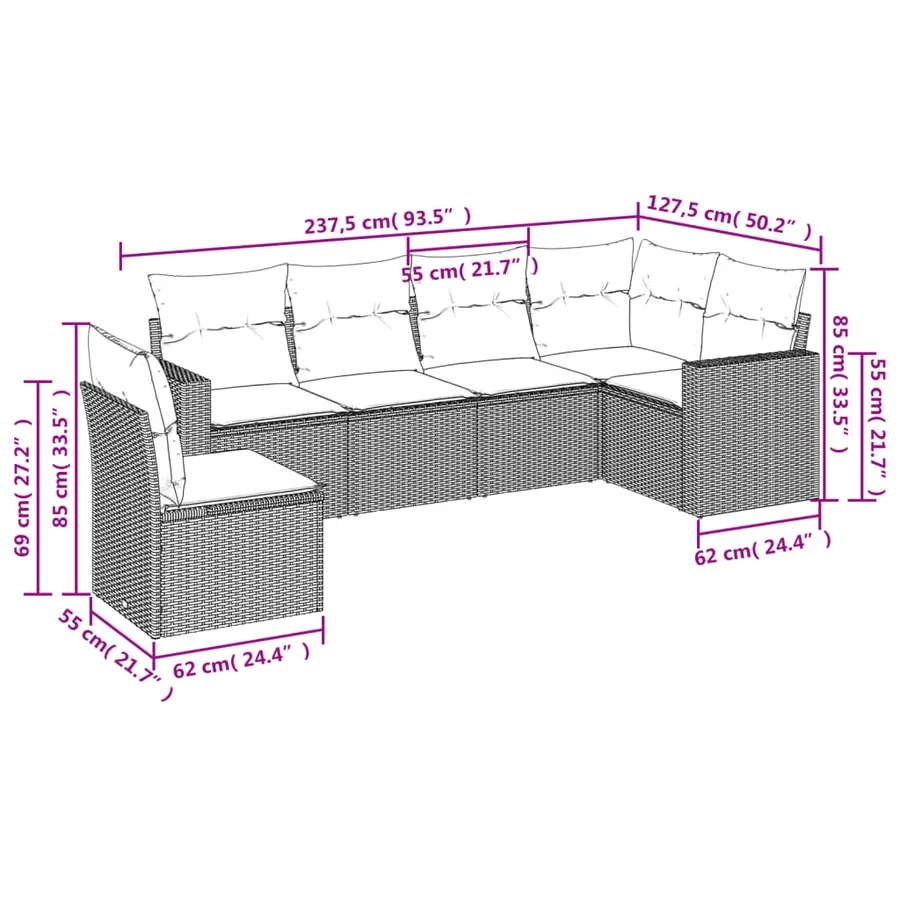 Salon de jardin 6 pcs avec coussins gris résine tressée - 3