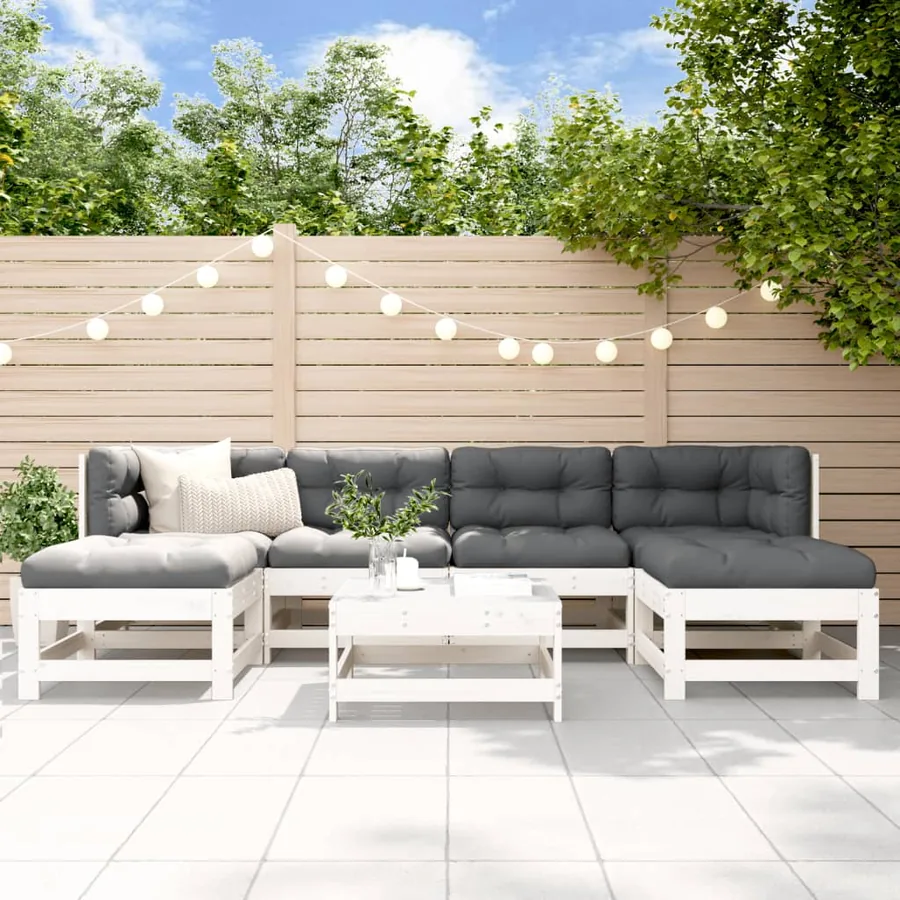 Salon de jardin 7 pcs Blanc Bois de pin massif