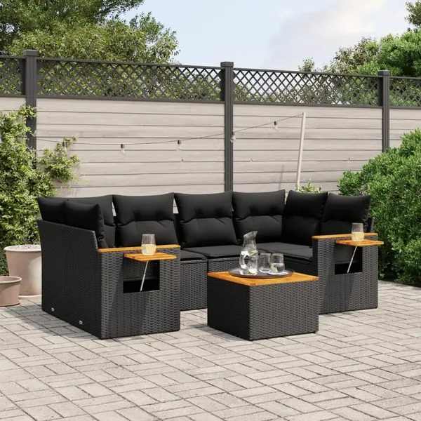 Salon de jardin 7 pcs avec coussins noir résine tressée 62 x 62 x 69 cm - 61,1 kg
