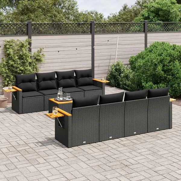 Salon de jardin 9 pcs avec coussins noir résine tressée