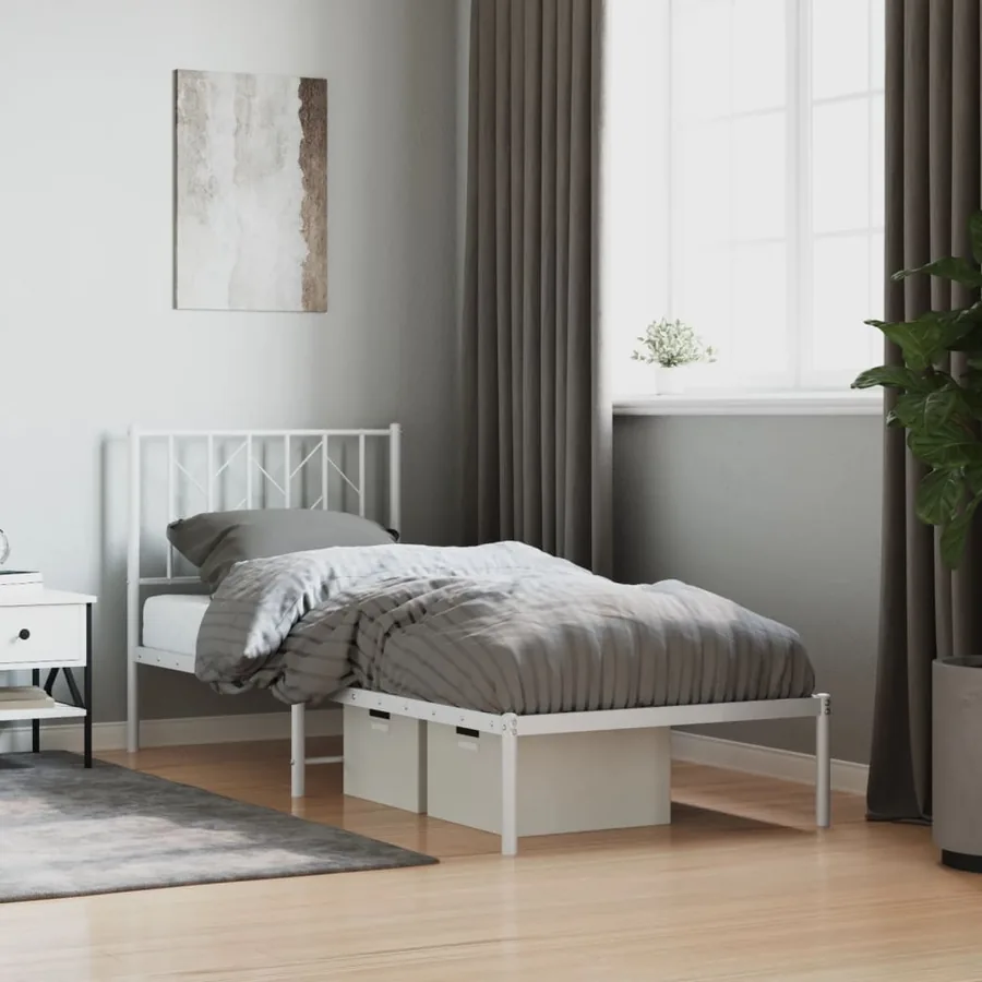 Cadre de lit métal sans matelas avec tête de lit blanc 80x200cm