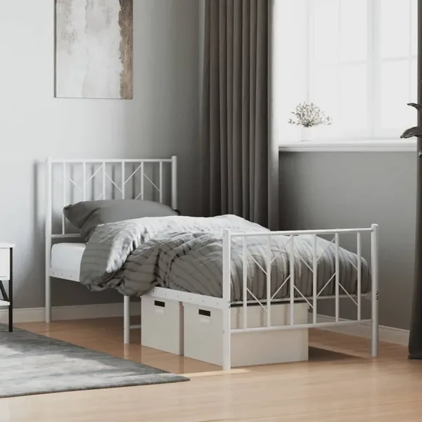 Cadre de lit métal sans matelas avec pied de lit blanc 75x190cm