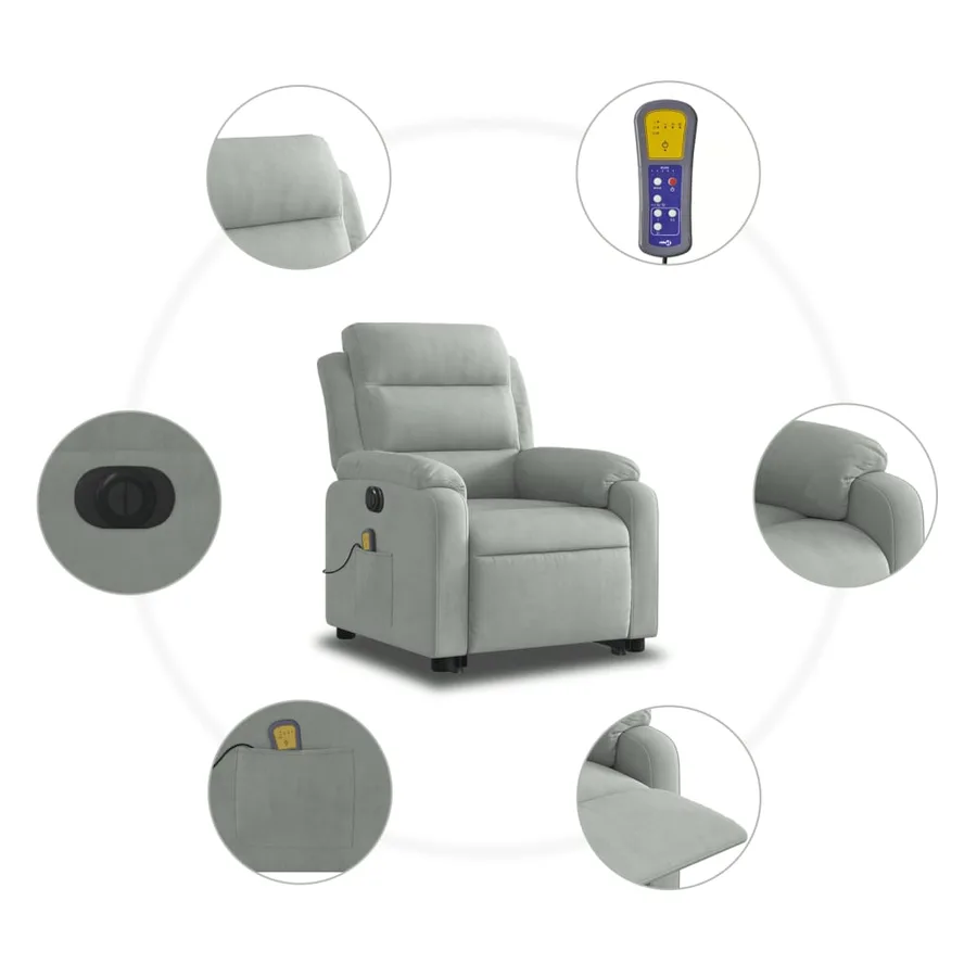 Fauteuil inclinable de massage électrique gris clair velours - 8