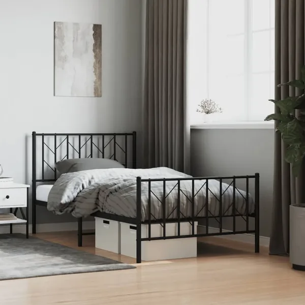 Cadre de lit métal sans matelas avec pied de lit noir 100x190cm