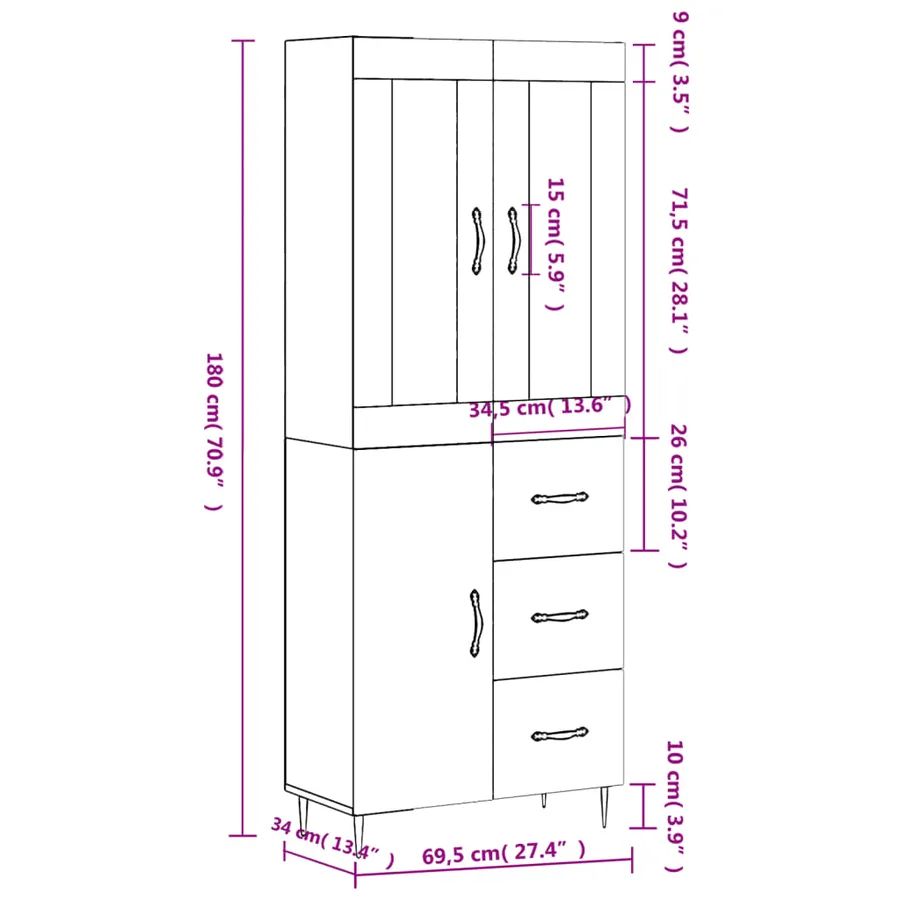 Buffet haut Gris béton 69,5x34x180 cm Bois d'ingénierie - 14