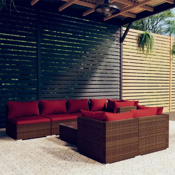 Salon de jardin avec coussins 8 pcs marron résine tressée