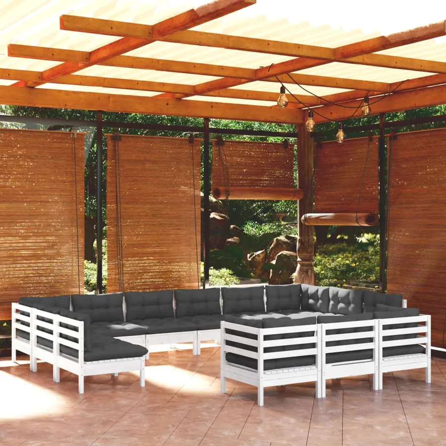 Salon de jardin 13 pcs avec coussins blanc bois de pin