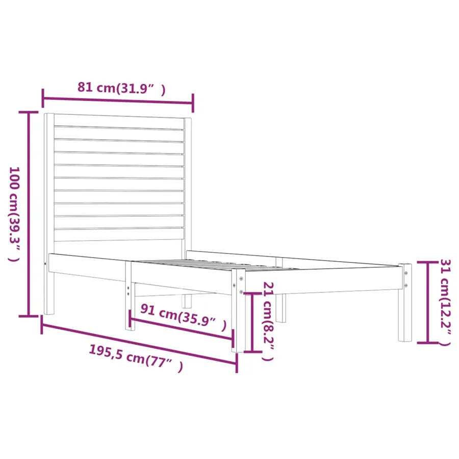 Cadre de lit sans matelas blanc 75x190 cm bois massif - 6