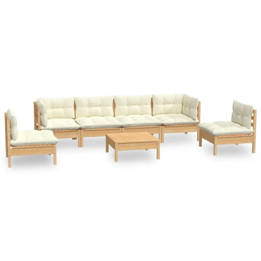 Salon de jardin 7 pcs avec coussins crème bois de pin massif - 2