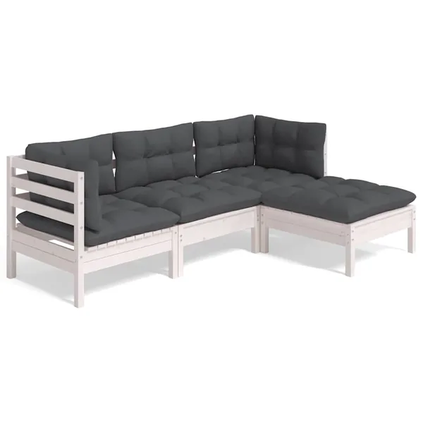 Salon de jardin 4 pcs avec coussins blanc bois de pin