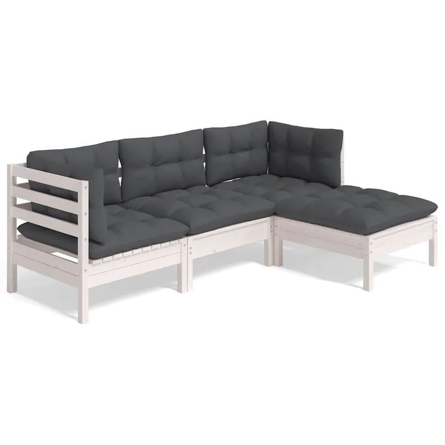 Salon de jardin 4 pcs avec coussins blanc bois de pin - 2