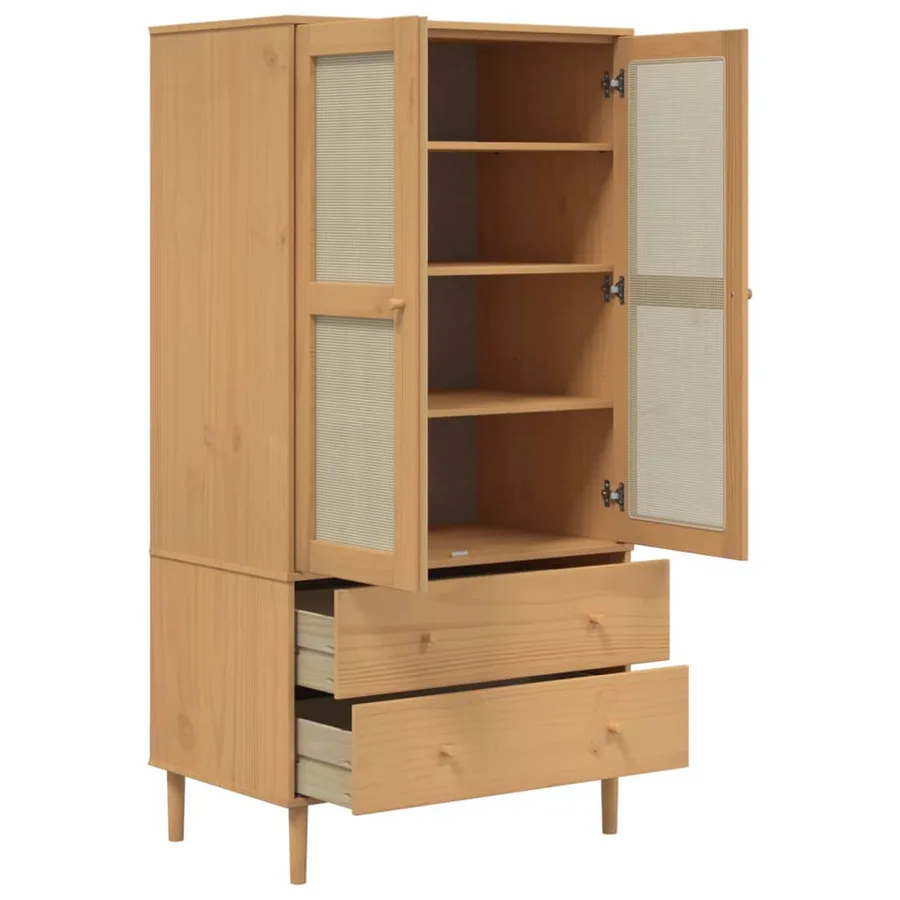 Garde-robe SENJA aspect rotin marron bois massif de pin - 6