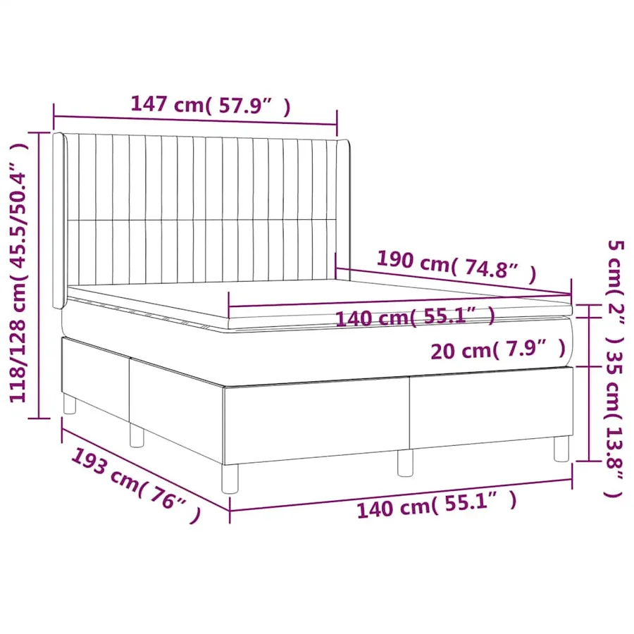 Sommier à lattes de lit matelas et LED Noir 140x190 cm Tissu - 8