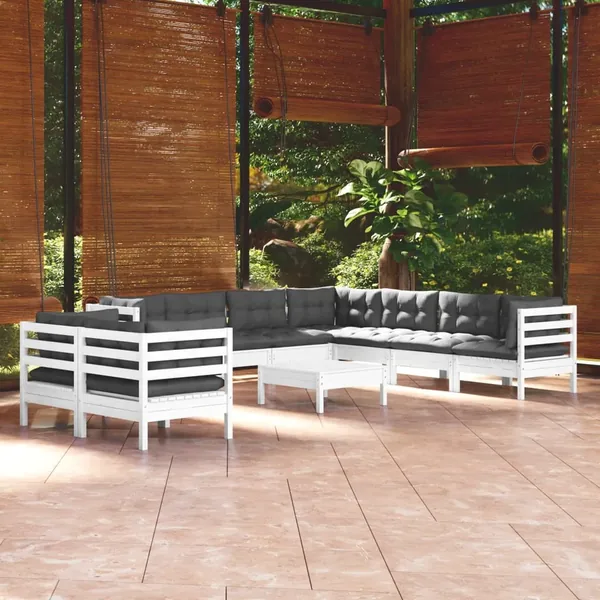 Salon de jardin 10 pcs avec coussins blanc bois de pin massif