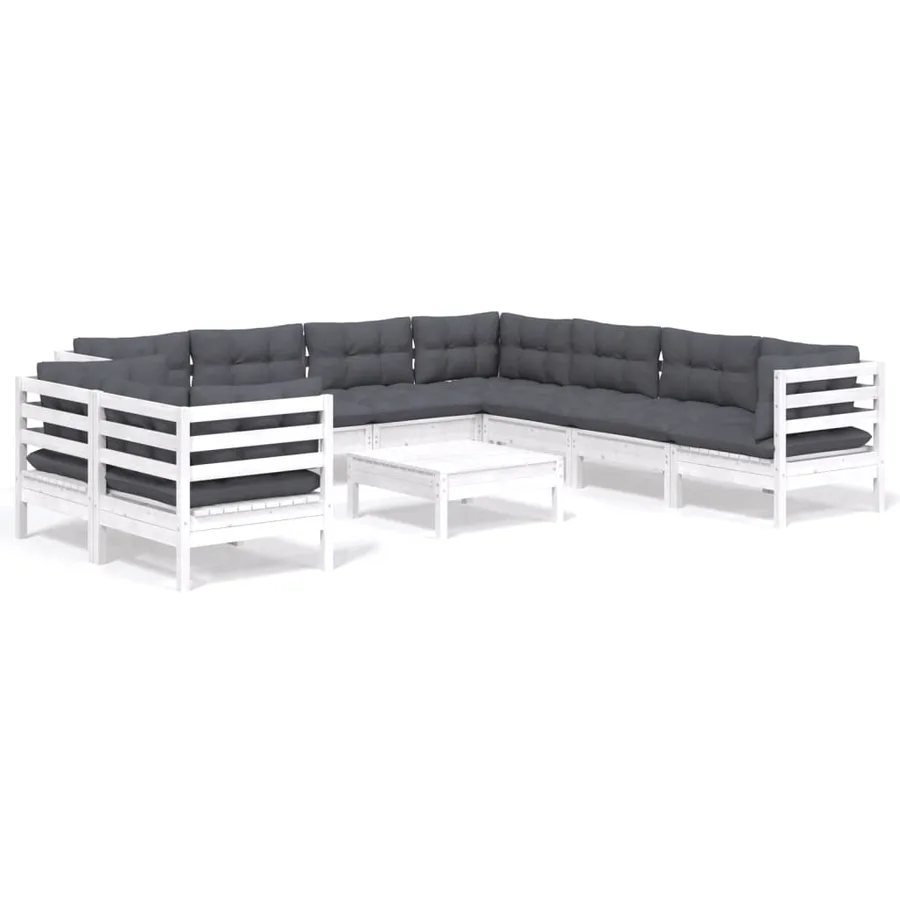 Salon de jardin 10 pcs avec coussins blanc bois de pin massif - 2