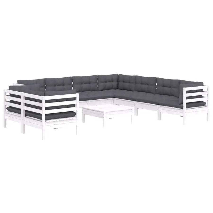 Salon de jardin 10 pcs avec coussins blanc bois de pin massif - 3