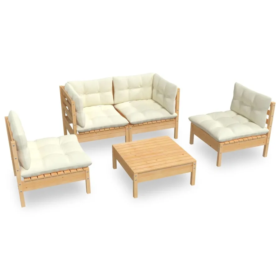 Salon de jardin 5 pcs avec coussins crème bois de pin massif - 2