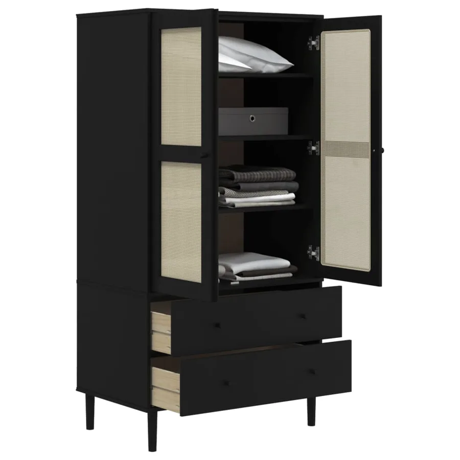 Garde-robe SENJA aspect rotin noir 90x55x175 cm bois massif pin - 4