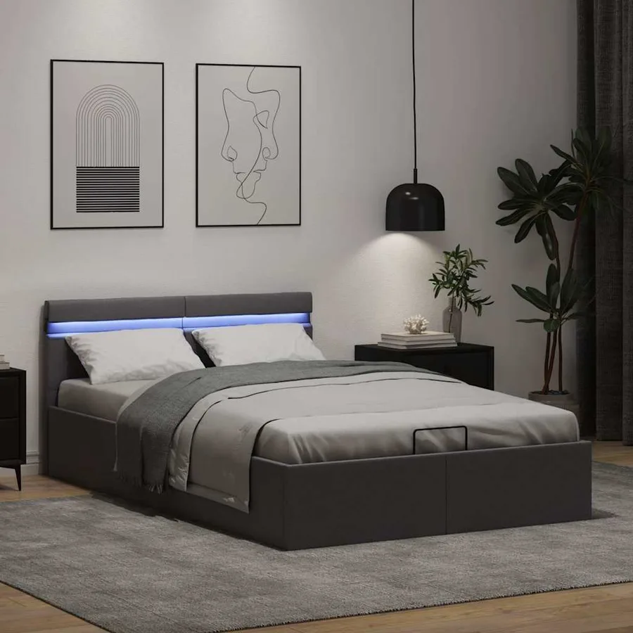 Cadre de lit à rangement hydraulique sans matelas avec LED gris - 5