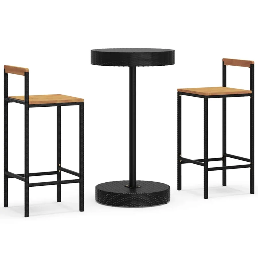 Ensemble de bar jardin 3 pcs noir poly rotin/bois massif acacia - 2